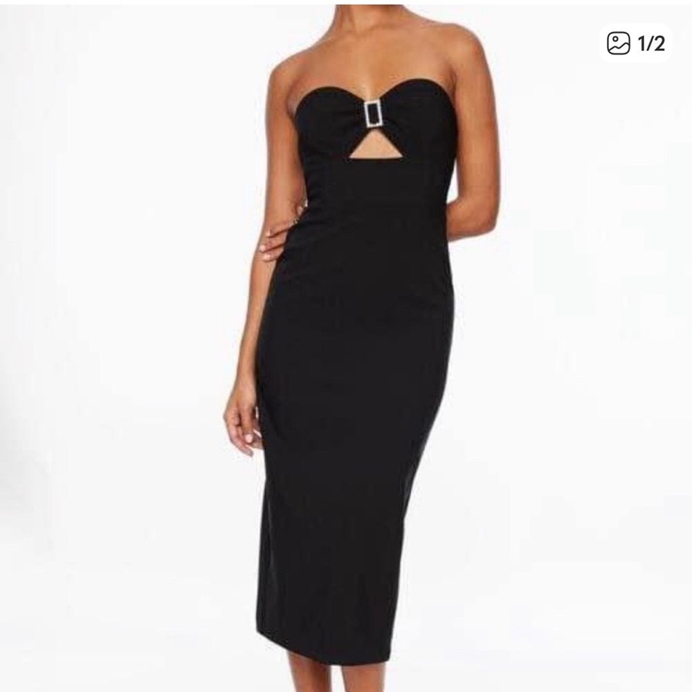 Dynamite Black Strapless Midi Dress with Front Cutout